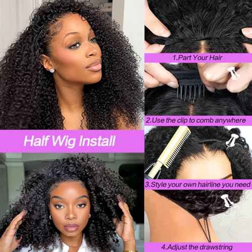Half Wig Human Hair Kinky Curly 220% Density Glueless Wigs Human Hair 3 In 1 Seamless Flip Over Human Hair Curly Half Wigs for Women Drawstring Seamless (24 Inch)