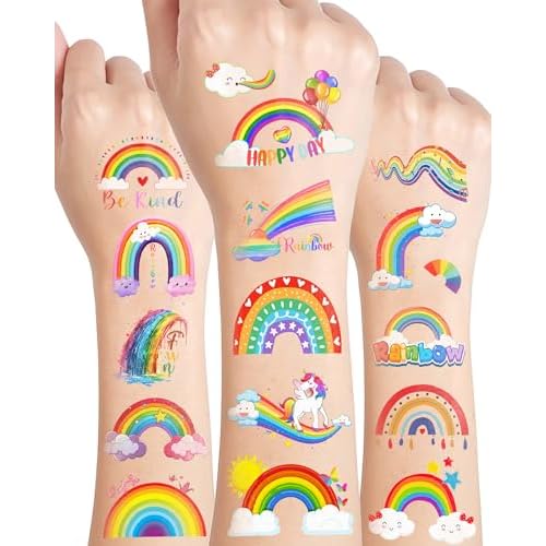 170 Pieces Rainbow Temporary Tattoos Stickers,20 Sheets Rainbow Cloud Sun Themed Tattoos Stickers Party Decoration favors for Kids Girl Boys Birthday Baby Shower Party Decoration Supplies