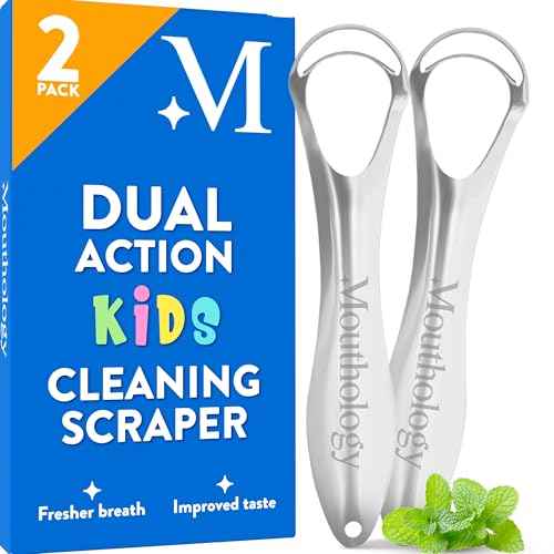 Mouthology Tongue Scraper for Kids (2 Pack), Stainless Steel Tongue Cleaner (Reduce Bad Breath), Metal Tongue Scrubber for Children, Improve Oral Health