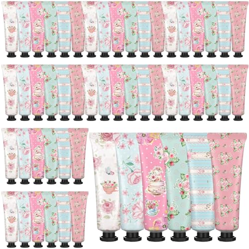 Tea Party Hand Cream Gift Set Wonderland Floral Tea Party Favor Flower Moisturizing Hand Lotion Bulk Dry Cracked Care Cream Teapot Favor Boxes Treat Gift Goodie for Baby Shower, 30 ml(48 Pcs)