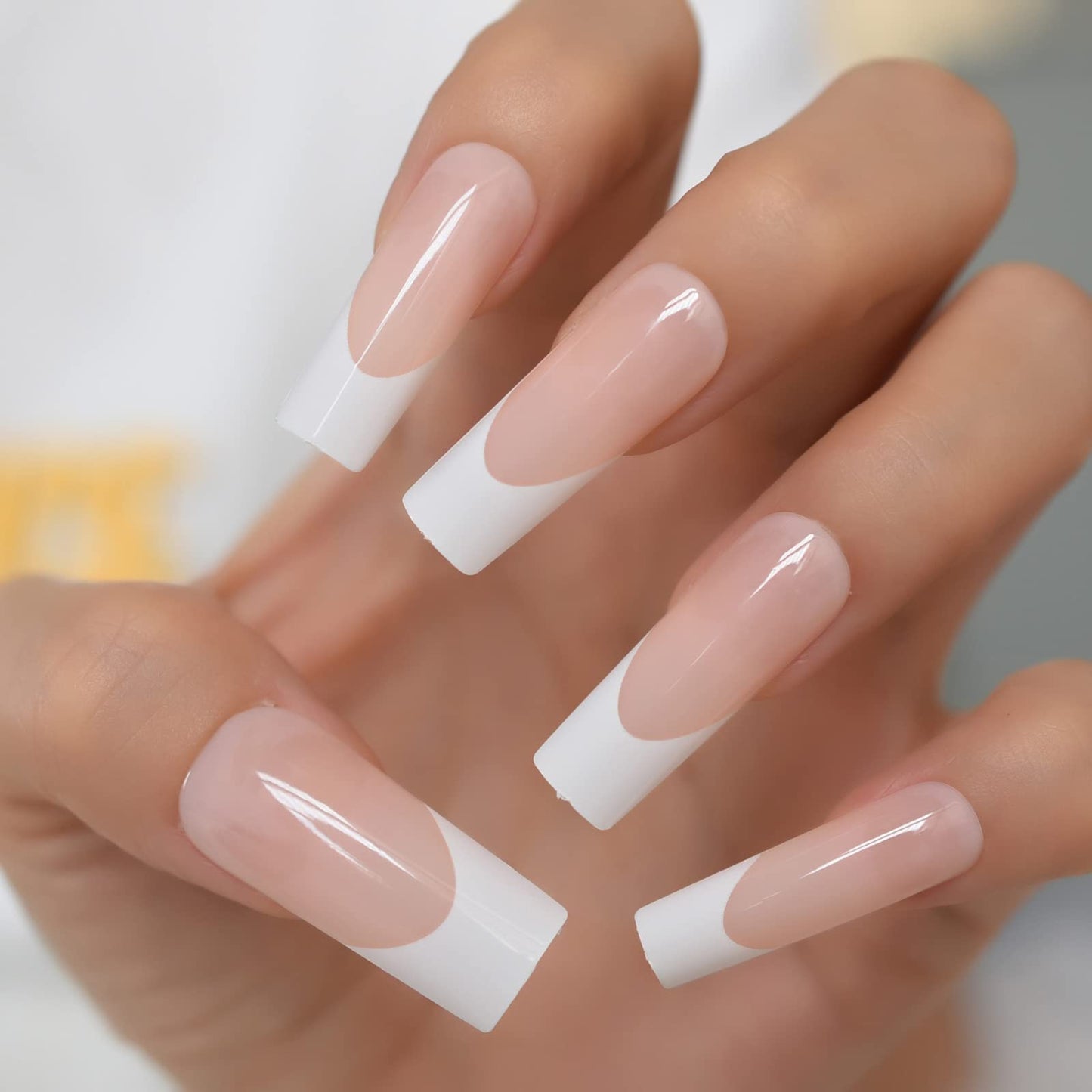 Extra Super Long Nail Tips Natural Nude White French Press on False Nails Straight Tapered Square Flat Top Full Cover Salons Fake Nails for Daily Finger Wear