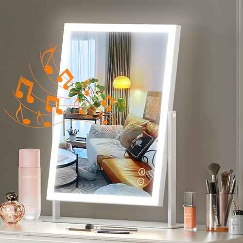 Hansong Vanity Mirror with Lights 11.8"x 16" Hollywood Makeup Mirror with Bluetooth Speaker 3 Colors Dimmable and 360¡Æ Rotation 10X Magnification Light Up Mirror for Desk