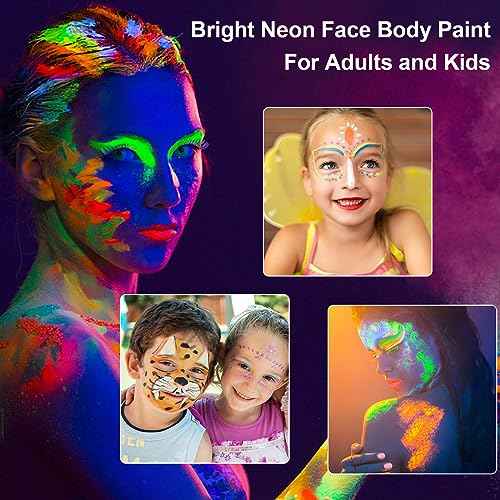 MEICOLY Neon Face Paint,UV Blacklight Glow Face Paint,8 Bright Colors Neon Fluorescent Rave Body Paint Palette,Water Activated Eyeliner,Water Based Glow In The Dark Halloween Washable for Kids Adults
