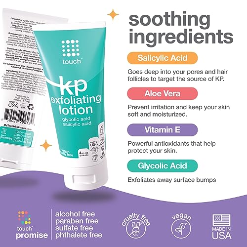 TOUCH Body Lotion for Keratosis Pilaris with 12% Glycolic Acid - AHA & BHA Exfoliating Rough & Bumpy Skin Body Lotion - Moisturizing Cream Gets Rid Of Redness, KP (4 Fl Oz (Pack of 1))