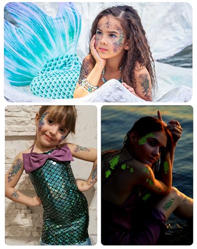 Luminous Mermaid Scale Temporary Tattoos - 16 Sheets Glow in Dark