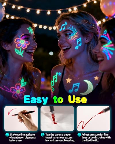 UV Glow Face Paint Markers - 10 Neon Colors, Waterproof