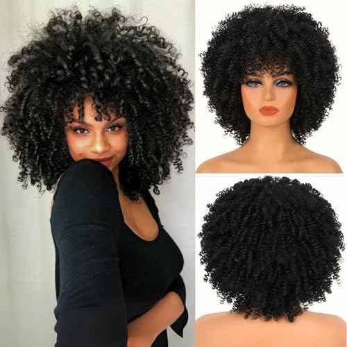 Afro Curly Wig with Bangs 12 Inches Synthetic Afro Wig for Black Women Natural Glueless Heat Resistant Short Kinky Curly Wigs for Daily Party