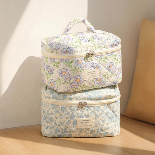 Large Travel Quilted Makeup Bag for Women, Floral Cotton