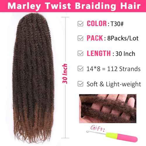 30 Inch Marley Twist Braiding Hair Ombre Brown Marley Hair Crochet Braids 8 Packs Pre-Separated Springy Afro Kinky Twist Hair for Black Women Long Braiding Hair for Crochet Locs Braids T30#