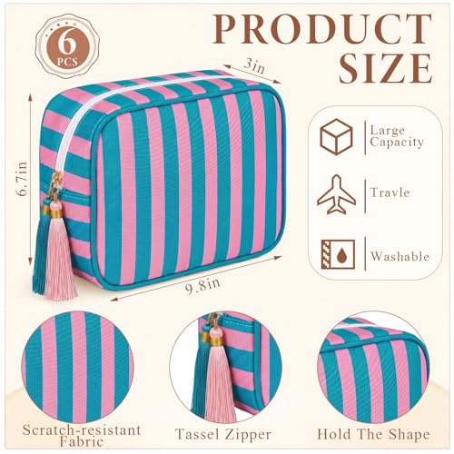 Kacctyen 6 Pack Striped Makeup Bag Tassel,Blue and Pink