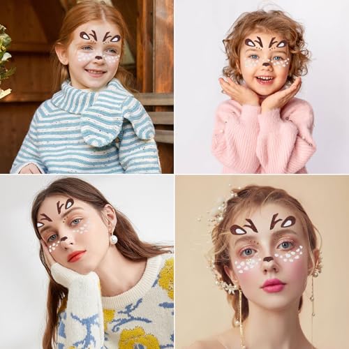 Totelux Christmas Reindeer Face Tattoos Stickers Glitter Face Jewels Cute Animal Deer Temporary Tattoo for Adult Kids Makeup Birthday Festive Cosplay Party Decoration Supplies 2Pcs