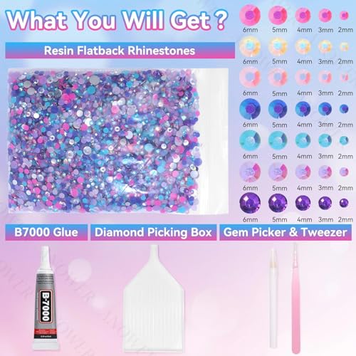 16000 Mixed Flatback Rhinestones Kit Pink Blue Purple 2-6mm