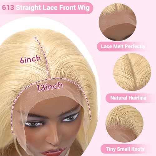 28 Inch 613 Lace Front Wig Human Hair Blonde 13X6 HD Transparent Lace Front Wigs Human Hair 220% Density Blonde Glueless Wigs 613 HD Straight Lace Frontal Wigs Pre Plucked