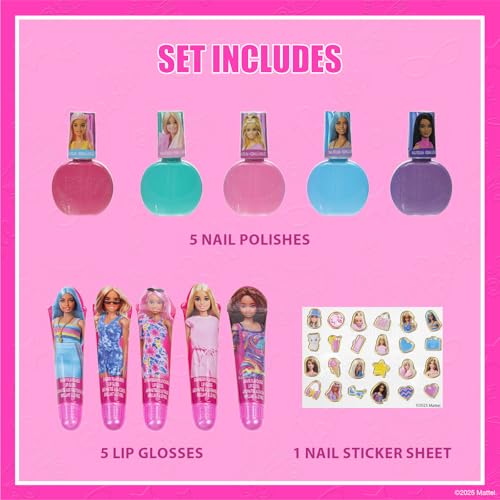 Barbie Cosmetic Makeup Set for Girls with Super Sparkly Lip Gloss Nail Polish and Nail Stickers 11 Pieces, Perfect for Parties Sleepovers Makeovers, Birthday, Ages by Townley Girl