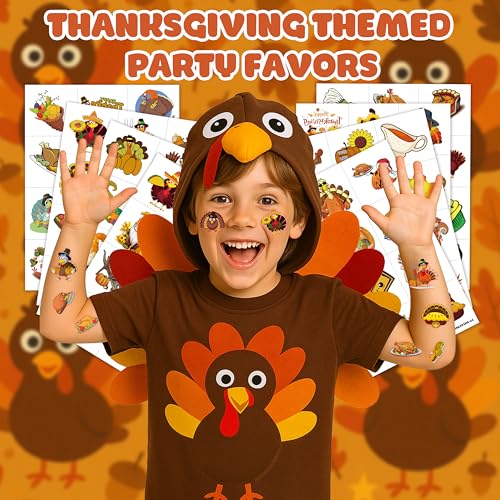 96 Thanksgiving Temporary Tattoos - Food & Pumpkin Design Sheet
