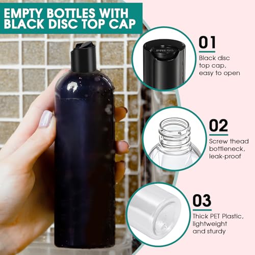 16 oz Clear Plastic Empty Bottles with Black Disc Top Caps, 12 Pcs Squeezable Refillable Shampoo Bottles Travel Cosmetic Containers for Lotions, Body Soap Cream