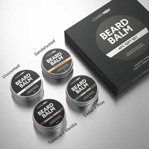 LOVERY Beard Balm for Men, Gift Set in Unscented, Sandalwood, Tobacco Vanilla, Cedar Pine Fragrances, All-Natural Wax, Cream Softener Butter, 4 Pack