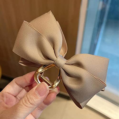 Satin Bow Claw Clip Large Hair Bow Khaki Bow Hair Clip for Women Casual & Formal Wear Stylish and Elegant Big Hair Bow Non-slip Strong Hold For Girls and Women with Thick and Thin Hair