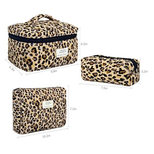 3Pcs Makeup Bag Cotton Quilted Travel Cosmetic Bag Cute Floral Makeup Pouch Large Toiletry Bag for Women Girls