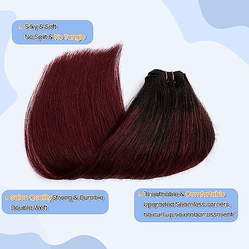 1B99J Sew in Hair Extensions Real Human Hair Wine Red Bundles Burgundy with Dark Roots Hand Tied Weft Hair 100g 16Inch Double Weft Silky Straight Ombre Sew in Hair Bundles for Women