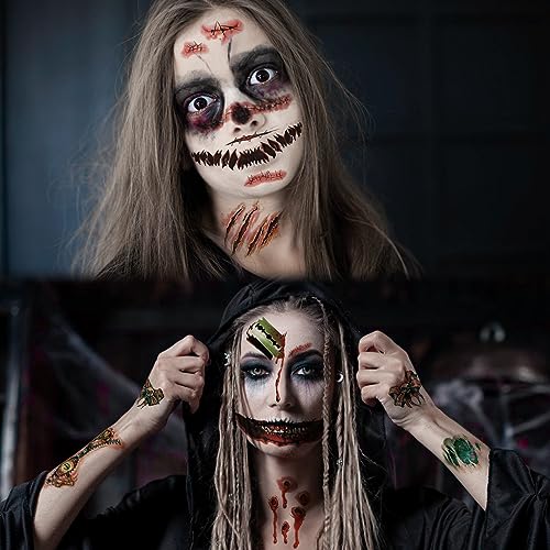 WdrKo 26 pcs Halloween Prank Makeup Temporary Tattoos Set for Adults - Horror Face & Wound Stickers for Cosplay & Parties