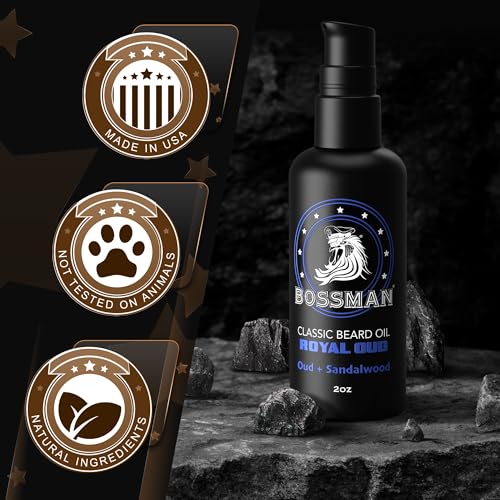 Bossman Organic Mustache & Beard Oil for Men, 2 oz ? Natural Beard Moisturizer with Jojoba, Argan & Avocado Oils (Royal Oud Scent)