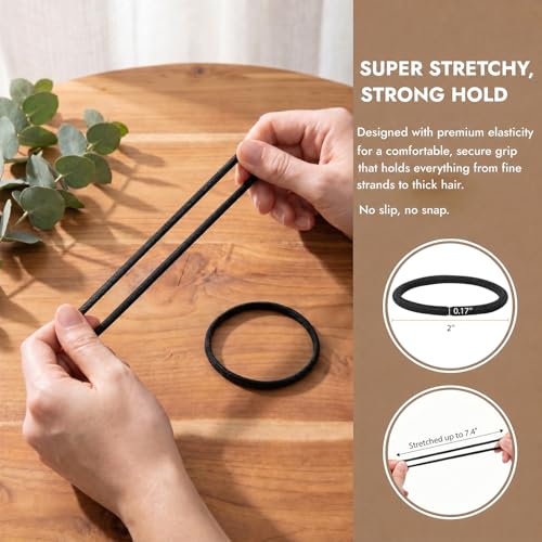 Black Hair Ties No Damage - Organic Ponytail Holders for All Hair Types - 4mm Elastics, 32 Count - Variation: Black