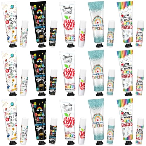 Loopeer 15 Sets Teacher Appreciation Gifts Bulk 5 Style Travel Size Lip Balm and Hand Cream Thank You Gift Sets for Teacher Staff Team Woman Man Office Supplies Back to School Party Favors
