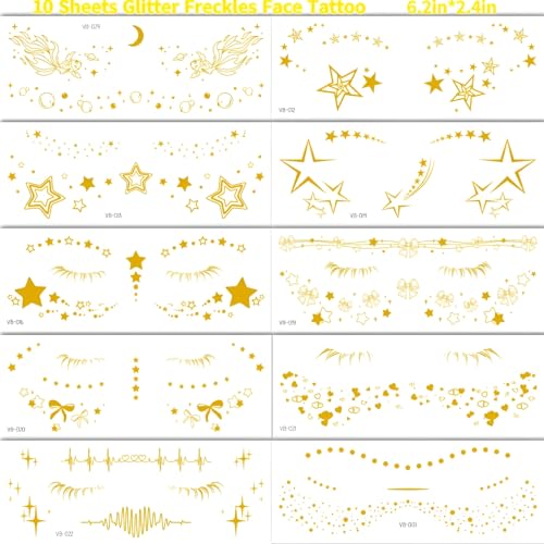 Gold Glitter Star Freckles Tattoo Stickers - 10Pc Waterproof Patches