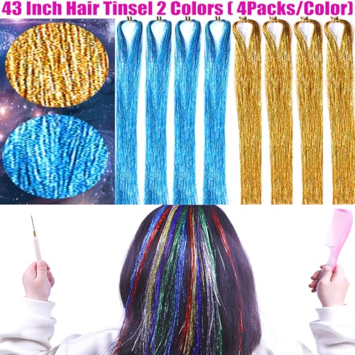Hair Tinsel Extensions Kit - 8 Packs, Gold & Lake Blue Strands