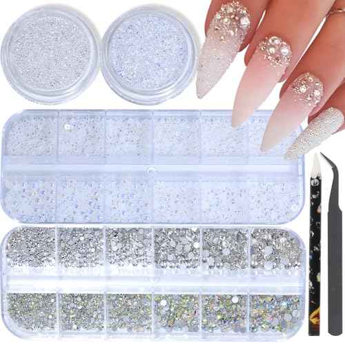 HNUIX Nail Rhinestones and Pearls Nail Charms, 4Box Crystals Nail Gems, Rhinestones, Pearl for Nails Gemstones Bling for DIY Nail Art Decor , with Wax Pencil and Tweeze