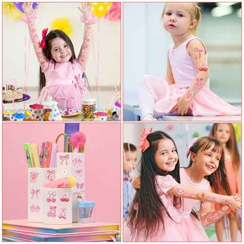 Pink Bow Temporary Tattoos Sticker - 264 Pcs Conquette Birthday Party Favors Party Supplies Decorations, Cherries Disco Ball, Treat Bag Stuffers for Girls Women(8 Sheets)