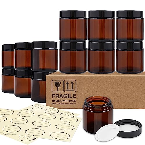 TUZAZO 12 Pack 4 Oz Thick Amber Round Glass Jars with Lids - Empty Candle Making Jars/Food Storage Canning Jars/Cosmetic Containers with Leakproof Lids for Cream Lotion Body Butter Beauty Products