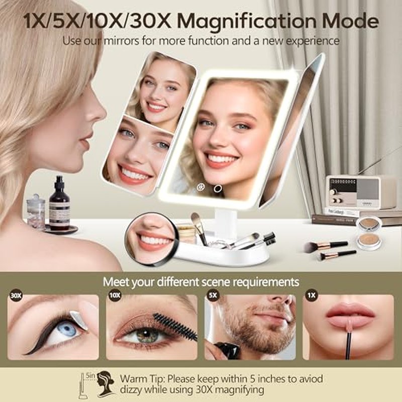 GOMIPURU Lighted Makeup Mirror with 30X/10X/5X Magnification