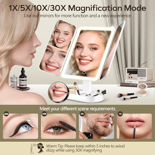 White GOMIPURU Lighted Travel Makeup Mirror with 30X/10X/5X Magnification, Rechargeable, Adjustable Brightness, Foldable Vanity Mirror