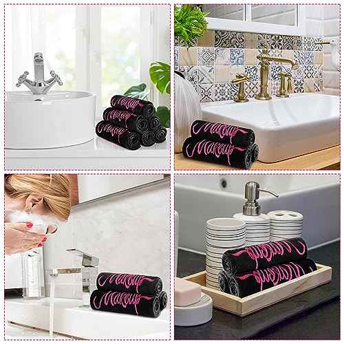 Preboun 96 Pack Makeup Remover Cloths, 13 x 13 Inch Makeup Towels Bulk Soft Microfiber Face Towels Reusable Makeup Washcloths with Makeup Embroidery for Women Skin (Black)