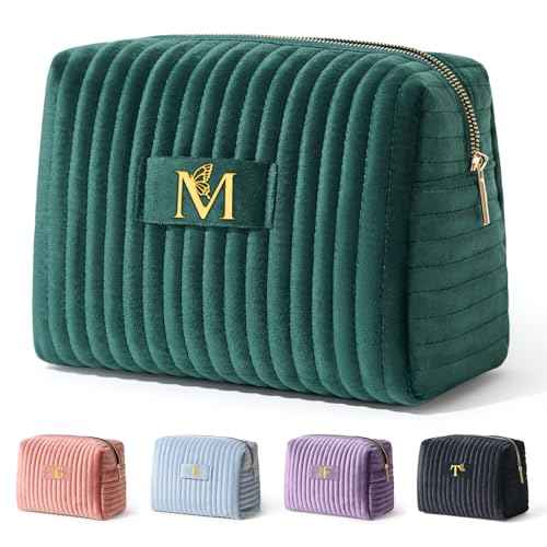 COSHAYSOO Personalized Fall Gifts for Women 30th 40th Birthday Unique New Mom Mother Wife Girlfriend Gift Ideas, Initial Quilted Makeup Bags Travel Green Cosmetic Velvet Skin Care Pouch Letter M
