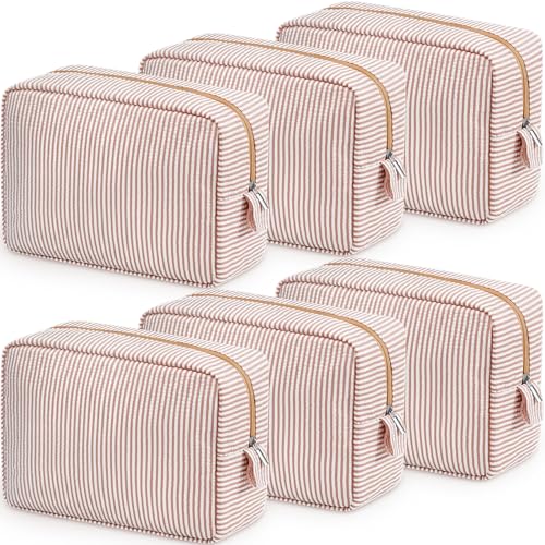 6 Seersucker Makeup Bags for Women - Large, Khaki - 8.46 x 5.51 x 3.54 in, 6 Pack