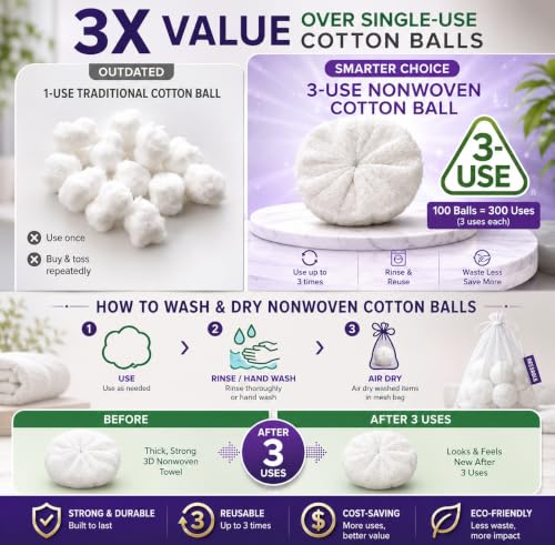 Jumbo Nonwoven Skincare Cotton Balls - 100 Ct with Mesh Wash Bag & Hook