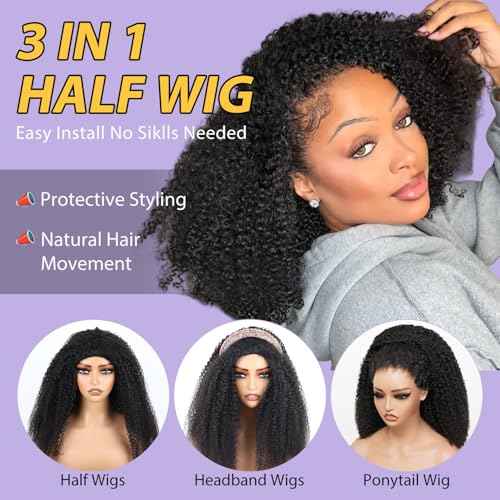 V SHOW Afro Curly 3 In 1 Half Wig Human Hair Elastic Drawstring Wear Go Glueless Kinky Curly Human Hair Half Wigs Friendly To Beginners 180% Density Natural Hairline Flip Over Wig 24Inch