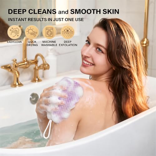 African Net Sponge 3-Pack - Deep Cleansing Exfoliating Body Scrubber in Yellow, Pink, Purple - Reusable Shower Sponge for All Skin Types