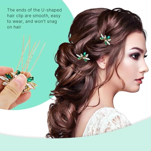 Dizila 12 Pack Gold Metal Emerald Green Rhinestone Party Prom Wedding Bridal U-shaped Hairpins Headpieces Accessories for Brides Bridesmaids Women Girls