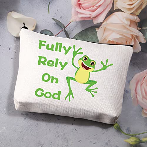 BDPWSS Frog Gift For Frog Lovers Frog Makeup Bag Fully Rely On God Frog Themed Cosmetic Bag Frog Owner Gift Frog Christian Gift (Frog on god)