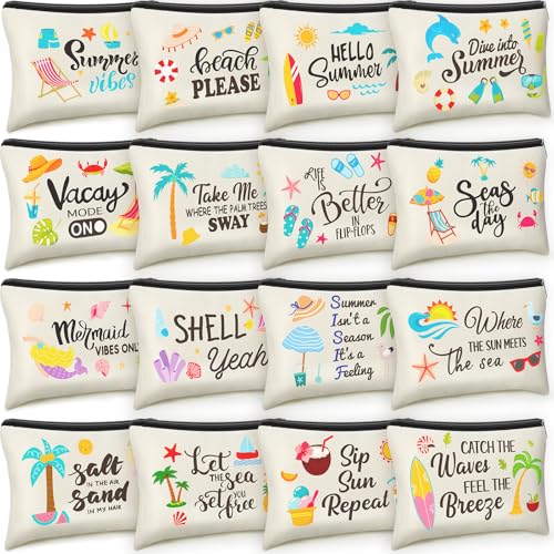 Kacctyen 16 Pcs Beach Makeup Bag Summer Cosmetic Bag Bulk with Zipper Portable Beach Essentials Kit Survival Kit Travel Make up Pouch Storage Pouch for Women Large Capacity Gift Travel(Summer)