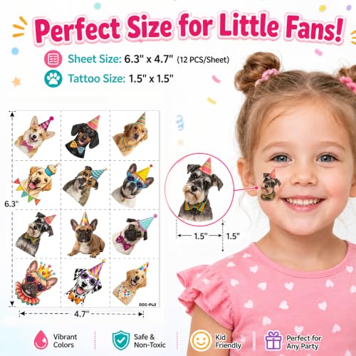 Dog Temporary Tattoos - 96 PCS Pet Stickers for Kids