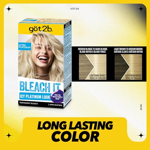 got2b Bleach It Permanent Hair Dye, Ultra Platinum Blonde, 00A, Hair Bleach Kit with Developer and Anti-Brass Purple Mask, Lightens Up to 8 Levels, Gel Formula for Easy Application, 1 Count