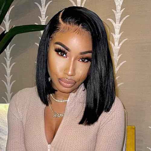 Hihmarm Lace Front Wigs Human Hair 13x4 HD Lace Front Wig Glueless Wigs Human Hair Pre Plucked Short Straight Bob Lace Front Wigs Human Hair For Black Women Nature Hairline 180% Density 12 Inch