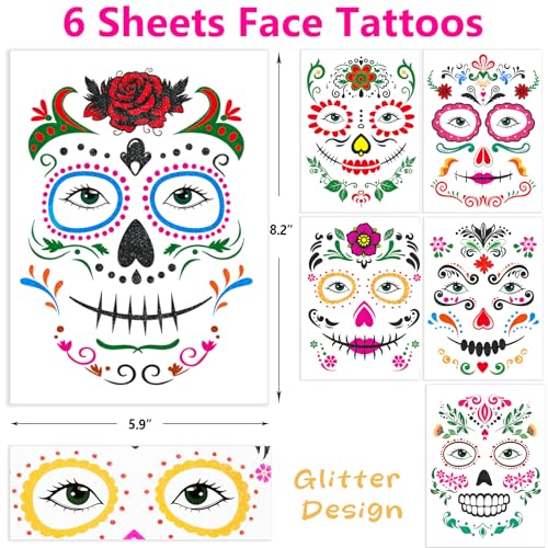 Day of Dead Glitter Tattoos - 6 Sheets Skeleton Face Stickers