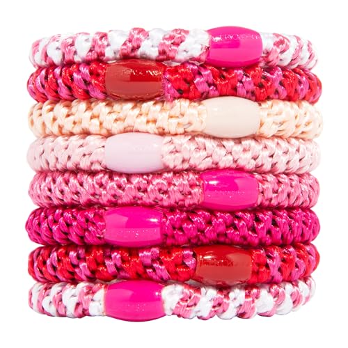 L. Erickson Pink Hair Ties for Thick Hair, Grab & Go Ponytail Holders, 8 Pack, Think Pink, Thick No-Crease Bands with Strong Hold, Damage-Free Design, Sweet Feminine Colors