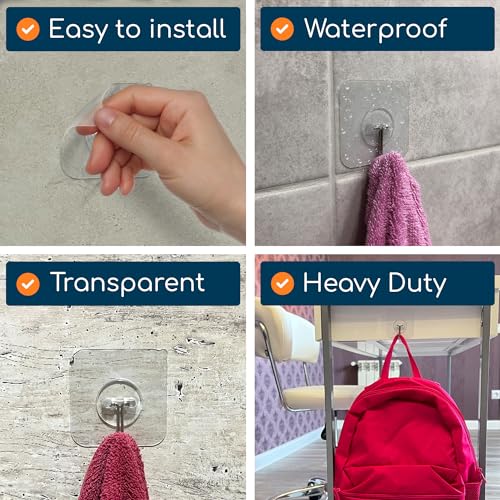 GLUIT Adhesive Hooks for Hanging Heavy Duty 22 lbs - Wall Hangers Without Nails, Waterproof Robe Towel Adhesive Wall Hooks for Home, Bathroom, Kitchen, Office, and Outdoor, 6 Pack